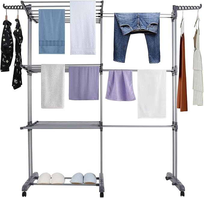 ™Lalora | מתלה ייבוש בגדים ענק – 3 קומות, נמתח עד 59", מתקפל עם 6 גלגלים נעים