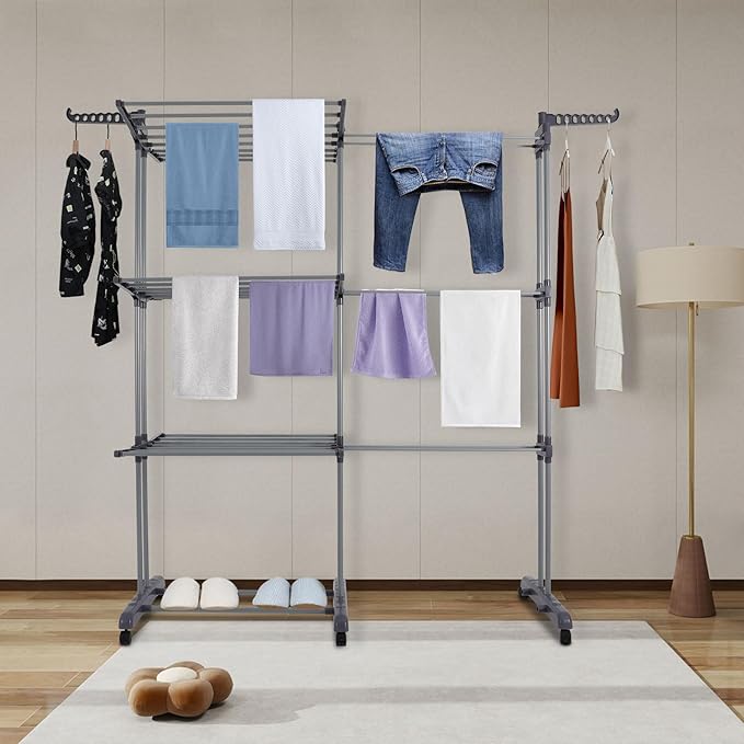 ™Lalora | מתלה ייבוש בגדים ענק – 3 קומות, נמתח עד 59", מתקפל עם 6 גלגלים נעים