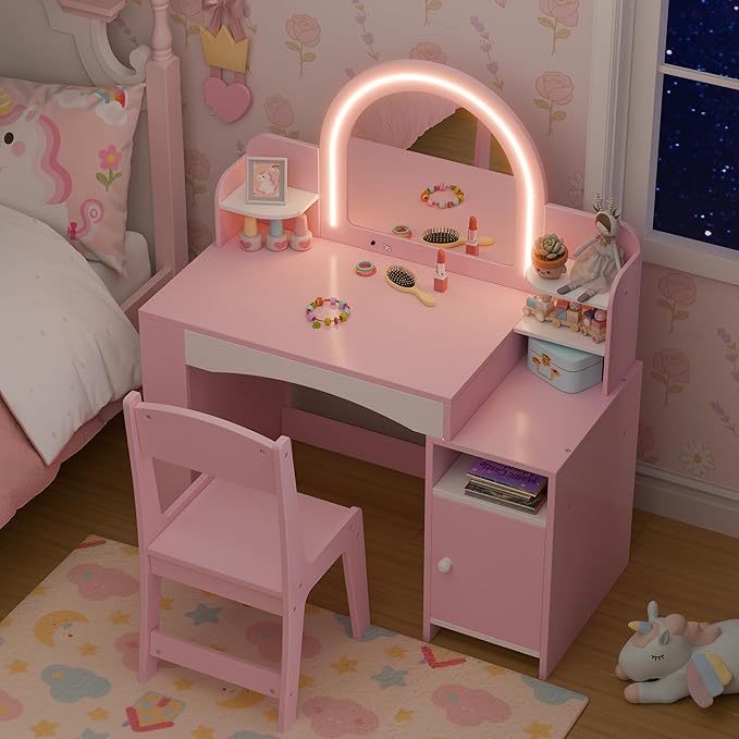 ™Kaleya | שולחן איפור לתינוקות – מראה מואר, מדפים 3 קומות, ארון, סטולים לבנות