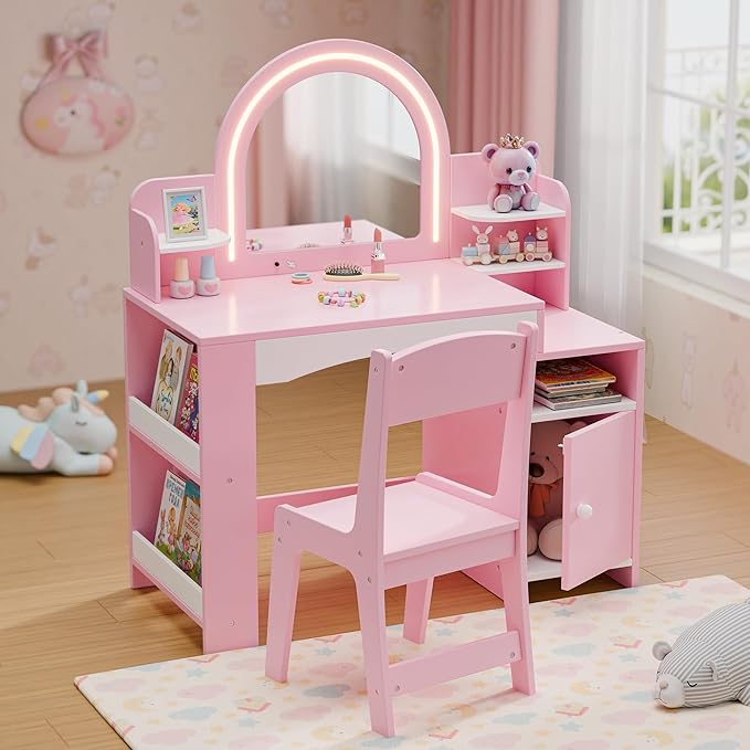 ™Kaleya | שולחן איפור לתינוקות – מראה מואר, מדפים 3 קומות, ארון, סטולים לבנות