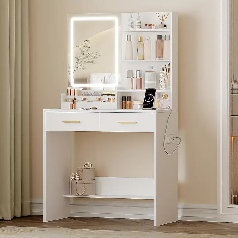 ™Oryelle | שולחן איפור לבן עם ארון תכשיטים – מראה מוארת, כניסות USB ומדפי אחסון